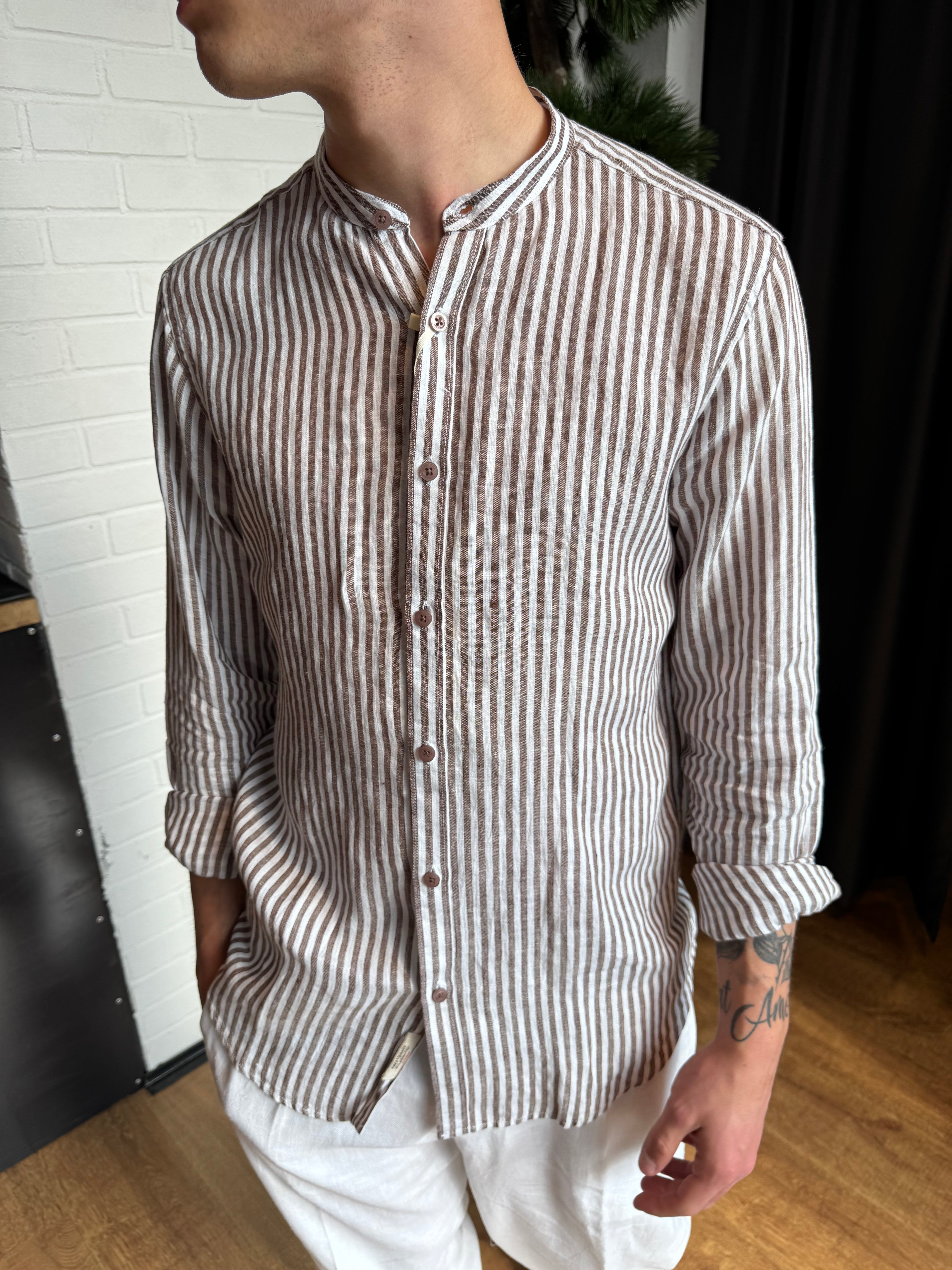 CAMICIA DI LINO CAFFE A RIGHE